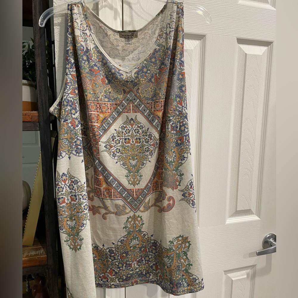 One World southwestern diamond print with
Golden rhinestone accents tank top 2X